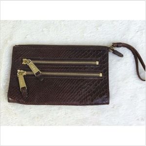 Cole Haan Snake Embossed Leather Wristlet Brown